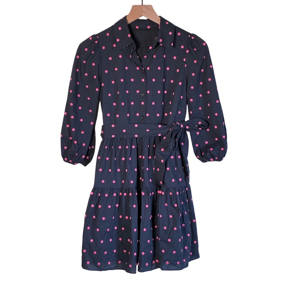 Kate Spade Park Polka Dot Embroidered Shirtdress Navy Pink Cotton Dress, Size XS